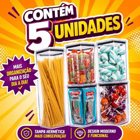 5 Potes Hermeticos Acrílico Anti-Vazamento Reforçados.