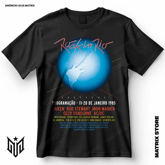 Camisa Rock in Rio Line Up 1985 Blusa Camiseta de Rock 100% Algodão