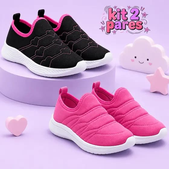 Kit 2 Pares Tênis Infantil Feminino Calce Fácil Leve e Macio