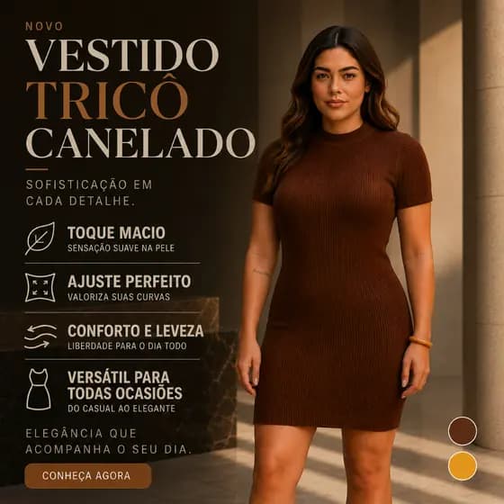 Vestido Feminino Midi Tricot Premium Canelado Casual Manga Curta Coladinho Modelador