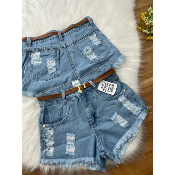 Short Feminino Jeans Com Bolso Barra Desfiada Com Cinto De Brinde Hot Pant Confortavel Jeans Premium