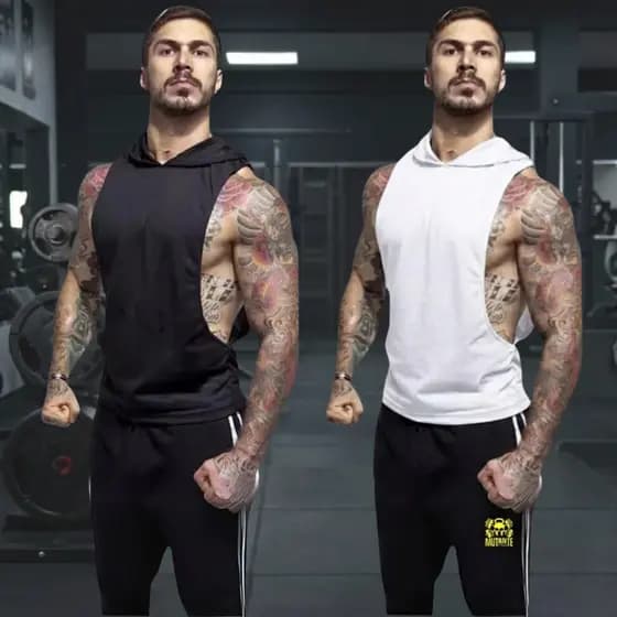 Kit 2 Regata Capuz Cavada Musculação Camiseta Treino Fitness Masculina e Capuz