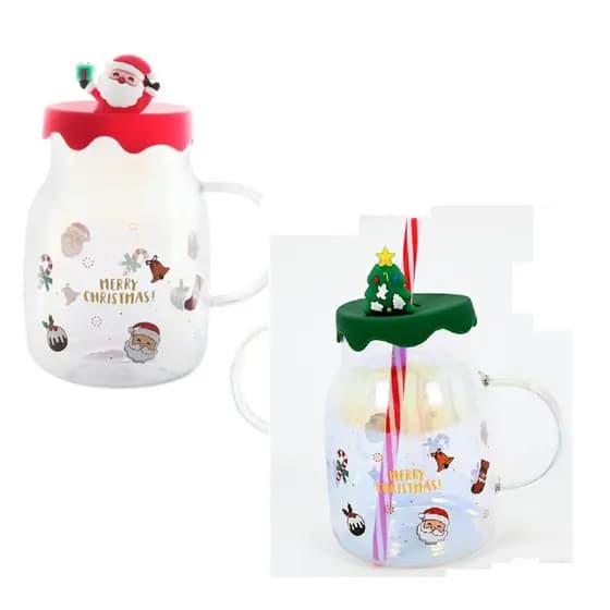 Caneca de Vidro Natal Verde / Vermelho com Tampa de Silicone e Canudo