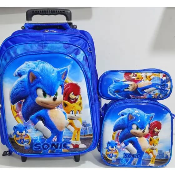 KIT MOCHILA ESCOLAR INFANTIL MENINO SONIC 3D/ SONIC 3D/COM RODINHAS/KIT MOCHILA+LANCHEIRA+ESTOJO/MODELO 2026 EM 3D