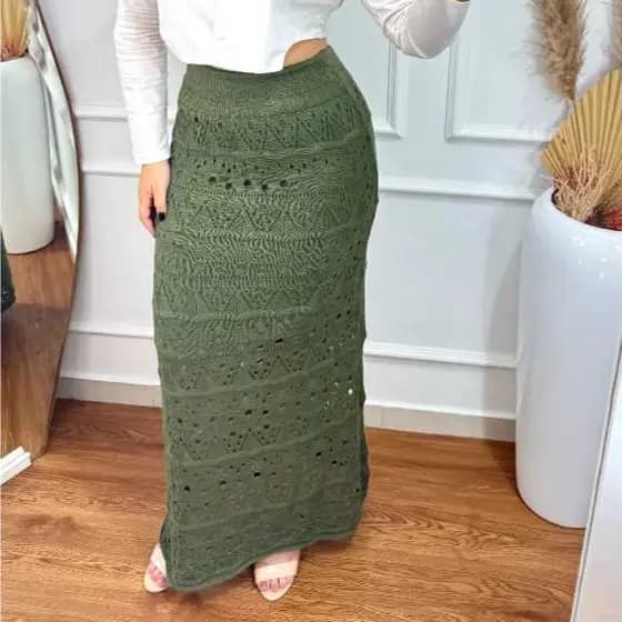 Saia Longa Tricot Rendada Ponto Crochê Texurizada Moda Verão Praia Piscina Forrada Tricoliny Modas