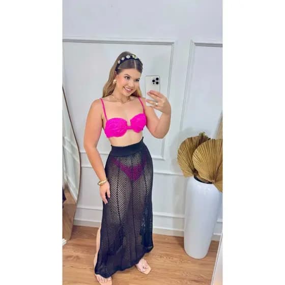 Saia Tricot Saida de Praia Feminino Midi e Longa com Fenda Lateral Crochê Trabalhado Tricoliny Moda