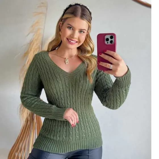 Blusa Tricot Feminina Trançada Suéter Manga Longa Gola V Premium Moda Outono Inverno Tricoliny Moda