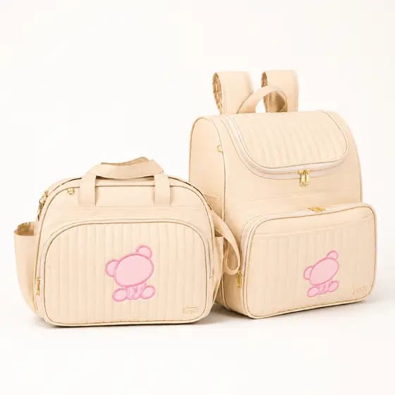 Kit Bolsas Maternidade 2 peças Mochila, Bolsa Grande Bege e Urso Bordado Rosa