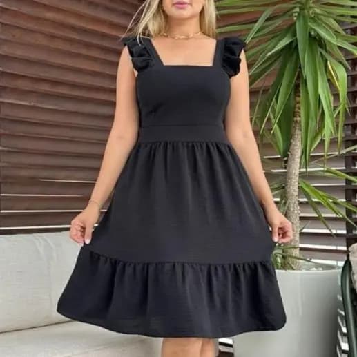 vestido curto lisa duna com babada na manga lastex nas costa Verao Moda Evangélica