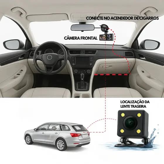 Câmera Veicular com Wi-Fi Full HD 1080p Frontal E Ré App Celular T&Z C309-2
