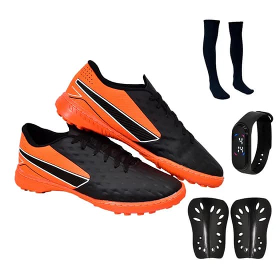 Chuteira Society Impactor Adulto Leve Uzze + Meião Relógio Caneleira