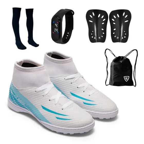 Chuteira Society UZ 2000 Botinha Cano Alto Adulto Uzze Sport Lançamento + Meião Relógio Caneleira Mochila