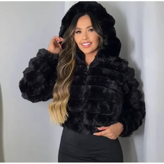 Jaqueta Puffer Tedy Feminina Peluciada, Casaco Veludo Feminina Com Capuz Removível