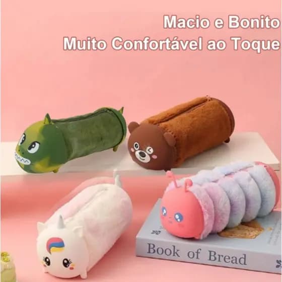 Estojo Escolar Pelúcia Bichinhos Organizador Infantil Pelinho Super Macio Silicone