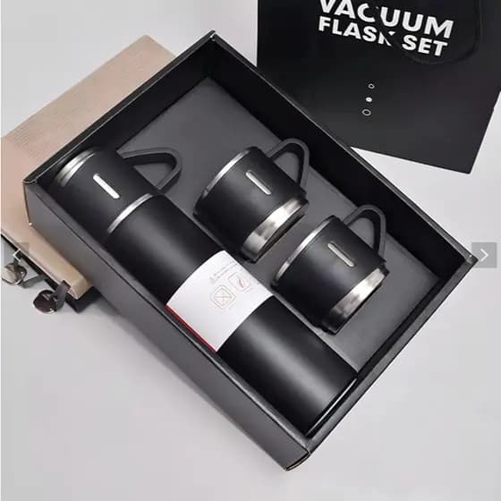 Garrafa Térmica Preta 500ml Com 3 Copos Café Chá Em Aço Inoxidável BPA Free