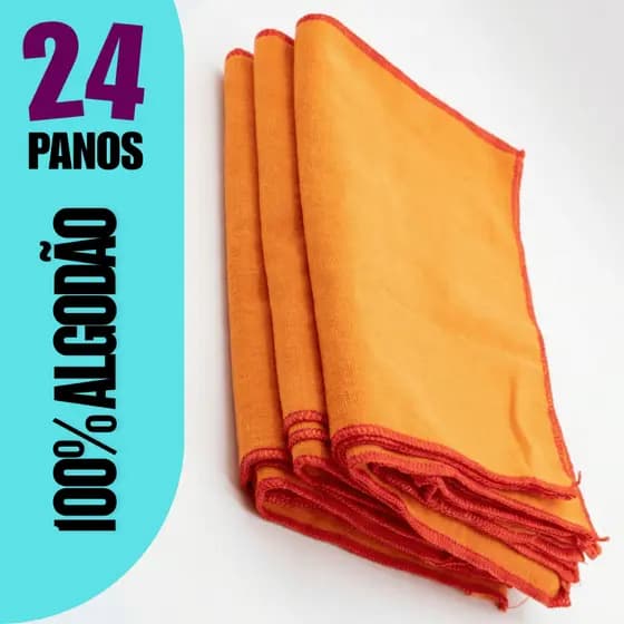 Kit 24 Flanelas Laranja 38x28cm Algodão | Cantos Reforçados com Overloque | Multiuso Casa e Automotivo