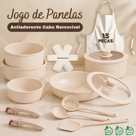 Jogo de Panelas 15 Peças Forno Fogão Indução Elétrico Gás Conjunto Com Tampa De Vidro e Cabo Removível Antitérmico