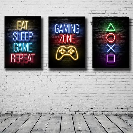 Quadro decorativo 3 peças 40x60 Abstrato Gamer controle fone decoração mdf para casa sala quarto hall interiores md215