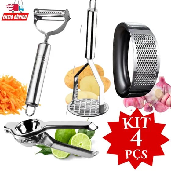 Kit 4 Peças Amassador Esmagador de Batata Legumes Amassador De Alho Espremedor De Limão Descascador De Legumes Promoçaõ