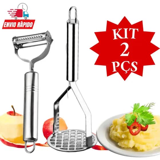 Kit 2 Peças Amassador de Batata Frutas e Legumes Descascador Cortador Frutas Legumes Aço Inox Cozinha Restaurante Promo