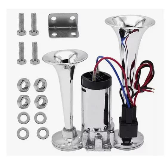 Buzina Dupla Caminhão Trem Moto Carros Cromada Ar 12v Universal + Compressor super alto
