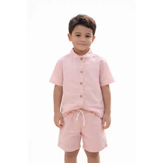 CONJUNTO INFANTIL DE MENINO GOLA PADRE EM LINHO CONJUNTO BLUSA E SHORT