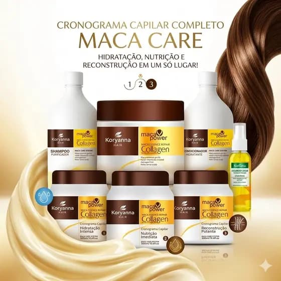 Kit Maca Power Completo com 7 Produtos – Cronograma Capilar + Máscara 500g, Shampoo 1L, Condicionador 1L Reparador 50ml