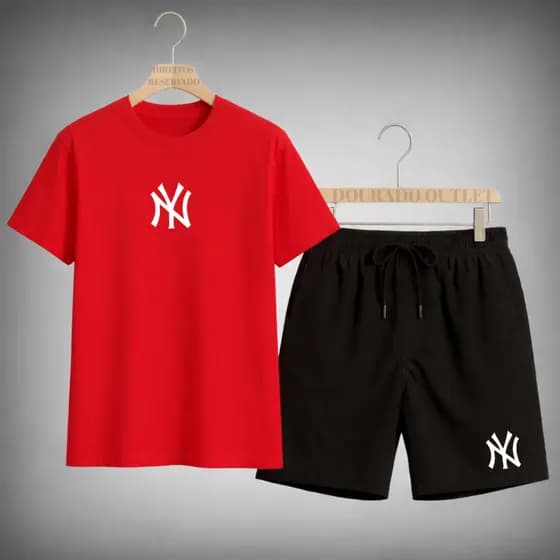 Kit Camiseta Oversized e Short Tactel Masculino Streetwear NY Camisa Algodão Premium