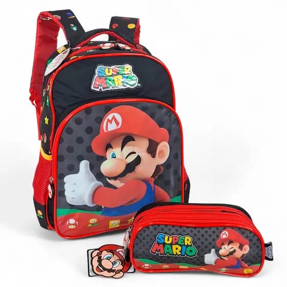 Kit Mochila Escolar infantil Super Mario Bros costa IS42541MO + Estojo Luxcel