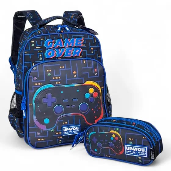 Kit Mochila escolar infantil Game Over up4you + Estojo 3 Divisórias Luxcel original