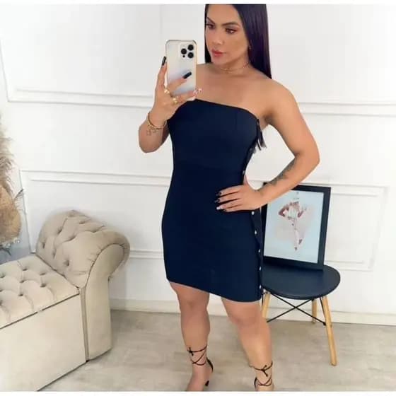 vestido midi tubinho curto botão lateral