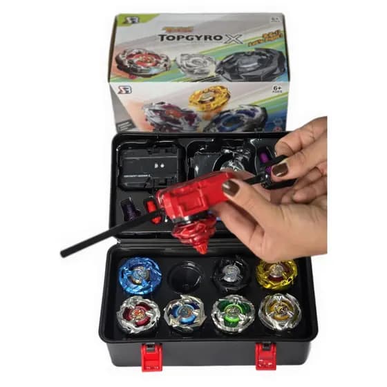 Brinquedo Pião de Batalha 8 Piões Estojo Transporte Lançador Grip Adesivos Metal Fusion