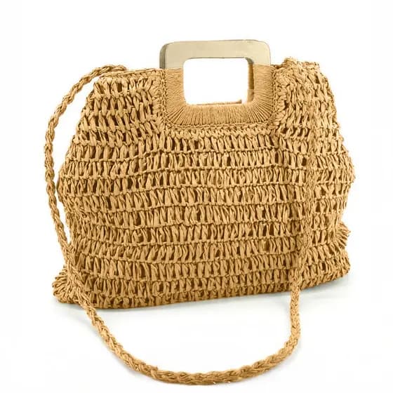 Bolsa Transversal Feminino De Palha Moda Feminina Festa De Praia Alça De Madeira Bolsa Grande