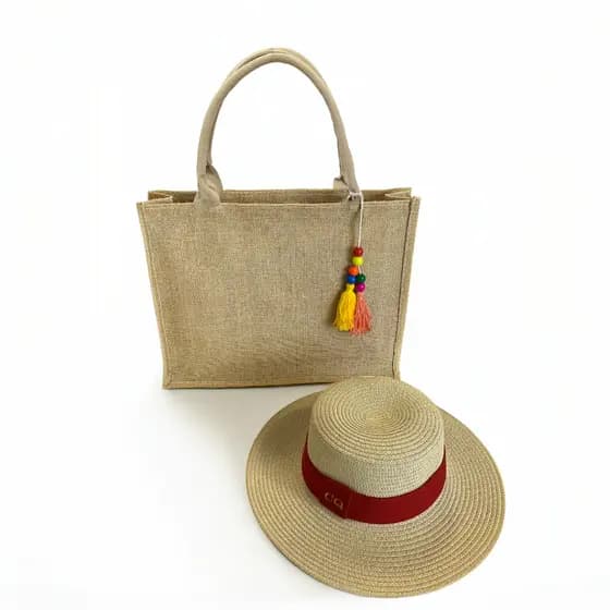 Kit Bolsa Feminina Juta Ecológica Chapéu Dobrável Com Faixa Personalizada Com Suas Iniciais