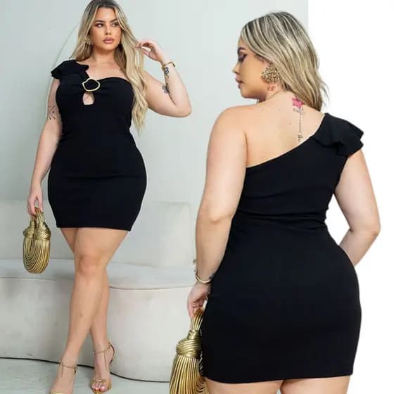 Vestido Plus Size Justo Curto Colado Balada Modelador Vestido Preto Sensual e Casual Moda Look Roupa Plus Size