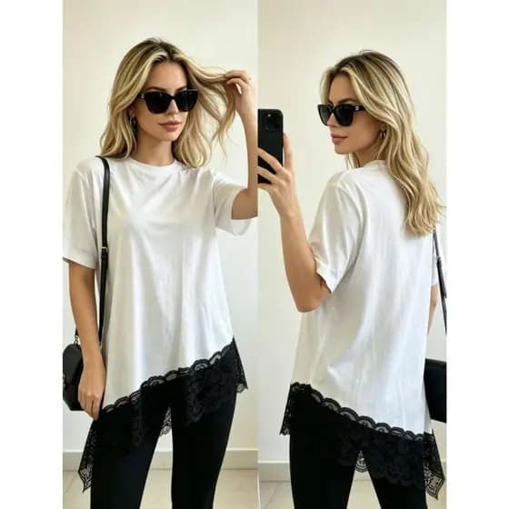 Camiseta Feminina em Malha com Barra de Renda