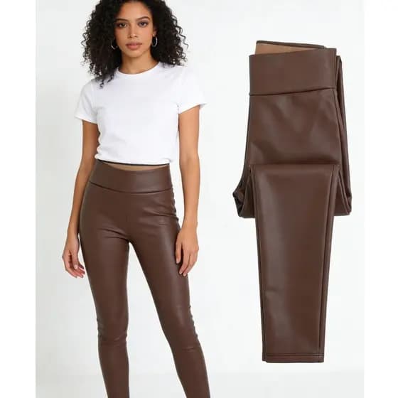 Extra Grosso Calça Legging Feminina Térmica em Couro Sintético com Forro Interno Cintura Alta