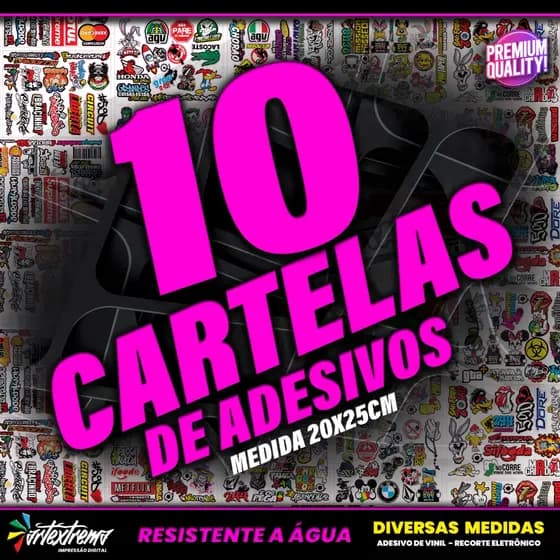 Kit 10 Cartelas Adesivos Vinil 20x25cm Atacado Stickers Impermeável Personalização Notebook Moto Carro Bike