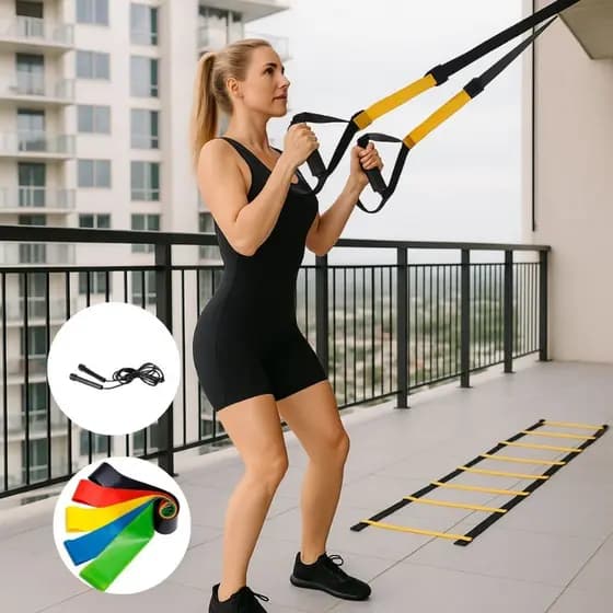 Escada Agilidade Treino Fita Trx Suspensão Kit 5 mini Band Elástica Corda de Pular Treino Funcional Academia Pilates