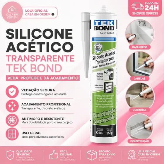 Silicone Transparente Acético Construção Tekbond 256g /270ml. Silicone Acetico Incolor 256gr Tekbond