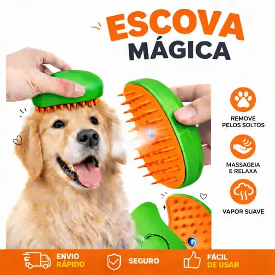 Escova Vapor p/ Cães e Gatos - Remove Pelo, Massagem, Pente p/ Pelos