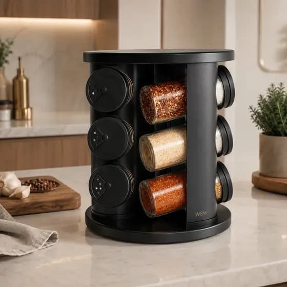 Porta Temperos Giratório Com 9 Potes De Vidro Cor Preto
