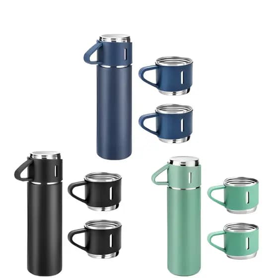 KIT 03UN Garrafa Térmica Com 2 Xícaras Inox 500ml Para Bebidas