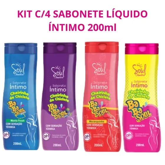 Kit com 4 Sabonete Líquido Íntimo Feminino Soul Cosméticos 200ml Higiene Íntima Delicada
