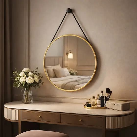 Espelho Adnet Redondo 50cm Com Alça e Suporte Decorativo Para Sala Lavabo Banheiro