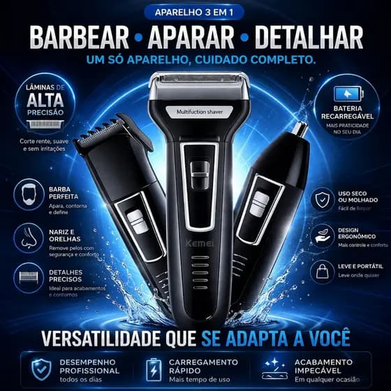 Aparador de Barba 3 em 1 Kemei Recarregável Bivolt Barbeador Elétrico Máquina Cabelo Nariz