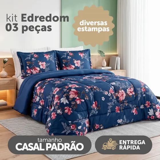 Kit Edredom Naturale Cama Casal Padrão 03 Peças Micropercal 200 Fios Dupla Face