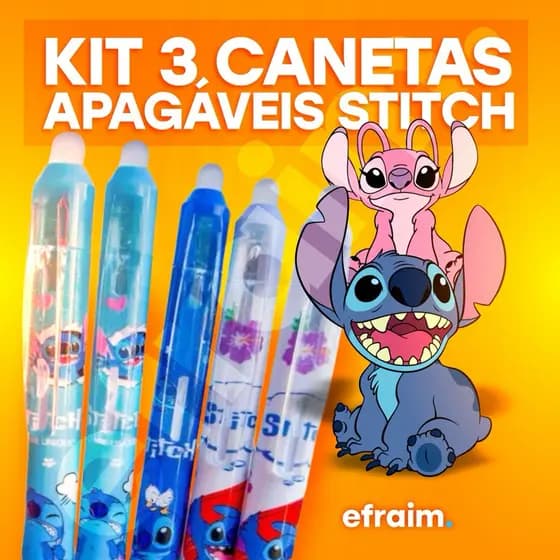 Kit 3 Canetas de Gel Apagável Lilo Stitch Kawai Escreve E Apaga