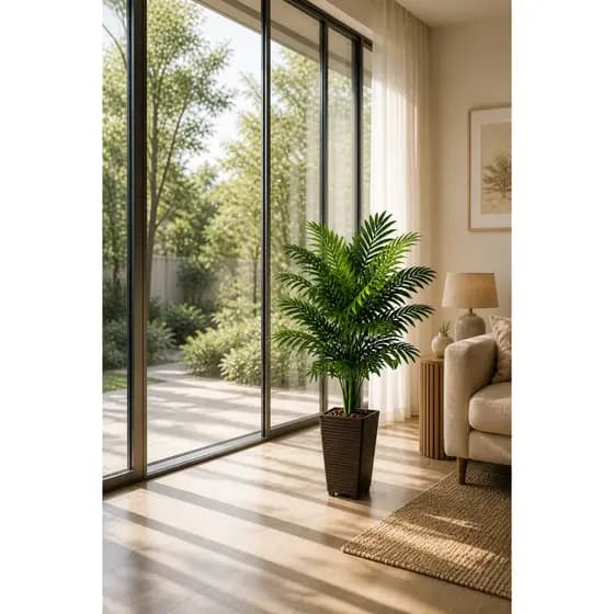 Planta Artificial Palmeira 18 ou 24 Folhas Enfeite com Vaso Decorativo em Fibra Sintética Marrom Liso