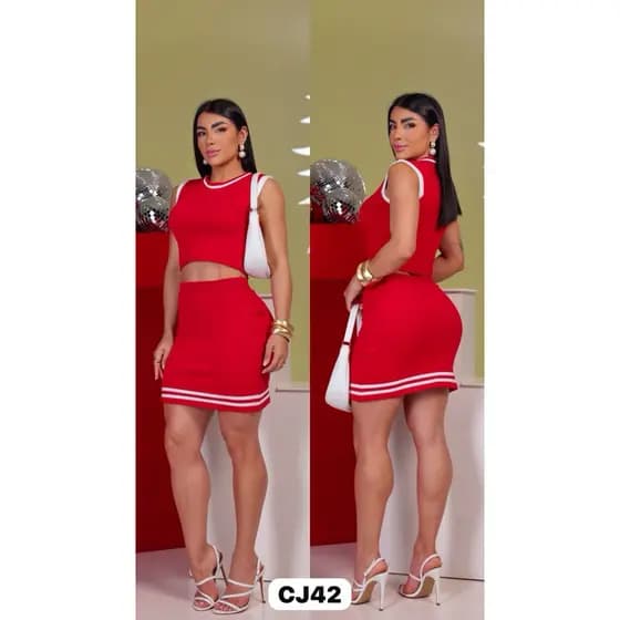 conjunto tricô modal elegante regata e saia listrada curda com shortinho (CJ4)